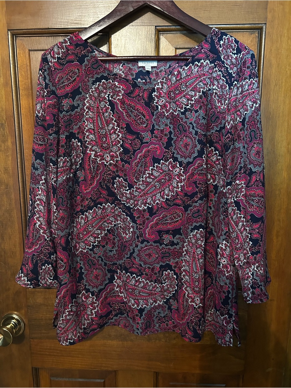 Talbots Paisley Scoop Neck Long Sleeve Top - Burgundy & Black